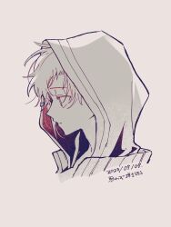 Rule 34 | 1boy, closed mouth, collared jacket, commentary request, cropped shoulders, dated, expressionless, ff gradient, from side, highres, hood, hood up, hooded jacket, jacket, kagerou project, kano shuuya, looking to the side, male focus, mokemoke chan, monochrome, negative space, profile, short hair, simple background, solo, translated