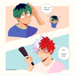 Rule 34 | 2boys, alternate hairstyle, blue eyes, blue shirt, boku no hero academia, burn scar, closed eyes, closed mouth, comic, commentary, cropped torso, english commentary, english text, freckles, green eyes, green hair, hair brush, hairstyle switch, hands on own head, heterochromia, highres, holding, holding brush, looking up, male focus, messy hair, midoriya izuku, multicolored hair, multiple boys, open mouth, red hair, scar, scar on arm, scar on face, shirt, short hair, short sleeves, simple background, smile, speech bubble, split-color hair, thatmightyheart, todoroki shouto, two-tone hair, white background, white hair, white shirt