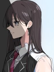 Rule 34 | 1girl, bang dream!, bang dream! it&#039;s mygo!!!!!, black hair, black jacket, blazer, chain necklace, closed mouth, collared shirt, commentary request, diagonal-striped clothes, diagonal-striped necktie, earrings, hair behind ear, hair between eyes, highres, jacket, jewelry, long hair, mole, mole under eye, nanami (nunnun 0410), necklace, necktie, purple eyes, red necktie, revealing layer, see-through, see-through sleeves, shade, shiina taki, shirt, solo, striped clothes, upper body, white shirt