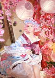 Rule 34 | 1girl, adapted costume, amibazh, breasts, bug, butterfly, cherry blossoms, chinese lantern, cleavage, commentary request, curtains, folding fan, frilled kimono, frills, from above, hand fan, hat, insect, japanese clothes, kimono, lantern, lips, long sleeves, looking at viewer, lying, mob cap, on back, paper lantern, parted lips, pink hair, pink theme, red eyes, saigyouji yuyuko, see-through, short hair, short kimono, solo, thighs, touhou, uneven eyes, veil, wide sleeves