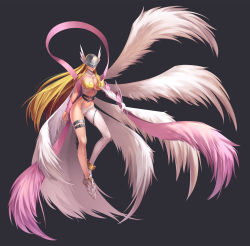 Rule 34 | 1girl, absurdres, angel wings, angewomon, asymmetrical clothes, asymmetrical footwear, asymmetrical legwear, bare shoulders, belt, black background, black belt, blonde hair, breasts, chinese commentary, cleavage, clothing cutout, collarbone, commentary request, covered eyes, digimon, digimon (creature), elbow gloves, floating, full body, gloves, groin, head wings, helmet, highres, holy ring, large breasts, leg belt, lips, long hair, mismatched footwear, multiple wings, navel, navel cutout, pink ribbon, ribbon, shinkaui, sidelocks, simple background, single elbow glove, skindentation, smile, solo, thigh strap, uneven legwear, white footwear, white gloves, white legwear, wings, wrist wings