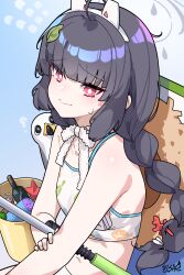 Rule 34 | 1girl, ?, absurdres, animal ears, artist name, bikini, bird, black hair, blue archive, braid, breasts, bright pupils, choker, closed mouth, commentary request, fake animal ears, frilled ribbon, frills, grey halo, halo, highres, ilsae, leaf, leaf on head, leaf print, looking at viewer, miyu (blue archive), miyu (swimsuit) (blue archive), navel, official alternate costume, print bikini, rabbit ears, red eyes, ribbon, ribbon choker, small breasts, solo, swimsuit, twin braids, upper body, white bikini, white pupils