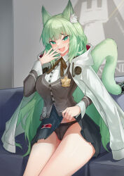 Rule 34 | 1girl, :d, absurdres, animal ear fluff, animal ears, arknights, black panties, black skirt, black vest, blush, breasts, cat ears, cat girl, cat tail, clothes lift, collared shirt, couch, fang, green eyes, green hair, hand up, harmonie (arknights), highres, hood, hood down, hooded jacket, indoors, infection monitor (arknights), jacket, jacket on shoulders, large breasts, laughing, lifted by self, long hair, long sleeves, looking at viewer, on couch, open mouth, panties, rhodes island logo (arknights), shirt, sitting, skin fang, skirt, skirt lift, sktre12, smile, solo, tail, tail ornament, tail ring, thighs, underwear, very long hair, vest, white jacket, white shirt