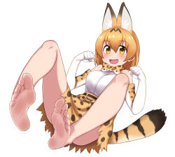 Rule 34 | 10s, 1girl, animal ears, bare legs, bare shoulders, barefoot, blonde hair, blush, bow, bowtie, breasts, elbow gloves, fang, feet, foot focus, foreshortening, full body, gloves, happy, high-waist skirt, kemono friends, legs, open mouth, satou (su9arsatou), serval (kemono friends), serval print, serval tail, shirt, short hair, simple background, skirt, sleeveless, sleeveless shirt, smile, soles, solo, tail, thighs, toes, white background, yellow eyes