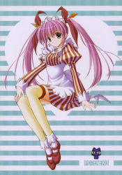Rule 34 | 1girl, apron, black eyes, dress, invisible chair, juliet sleeves, long hair, long sleeves, looking at viewer, maid, maid apron, nanao naru, over-kneehighs, pink hair, puffy sleeves, shoes, sitting, solo, striped background, striped clothes, striped dress, thighhighs, twintails, vertical-striped clothes, vertical-striped dress, yellow thighhighs