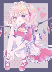 Rule 34 | 1girl, apron, bat wings, blonde hair, brooch, crystal, flandre scarlet, hat, heart, hiyuu (hiyualice), jewelry, maid, maid apron, maid headdress, mob cap, multicolored wings, one side up, open mouth, puffy short sleeves, puffy sleeves, red eyes, red footwear, red skirt, red vest, short hair, short sleeves, side ponytail, skirt, skirt set, smile, solo, touhou, vest, white hat, wings, wrist cuffs