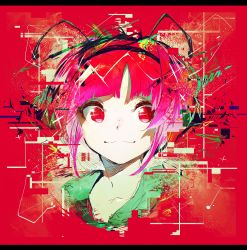 Rule 34 | 1girl, :3, absurdres, blunt bangs, closed mouth, copyright request, glitch, highres, letterboxed, looking at viewer, niwarhythm, portrait, red background, red eyes, red hair, smile, solo
