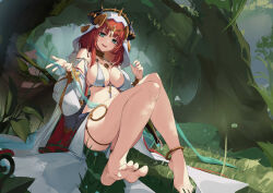 Rule 34 | 1girl, :d, a fangfang fang fang, absurdres, anklet, barefoot, breasts, circlet, feet, forehead jewel, full body, genshin impact, grass, green eyes, harem outfit, highres, horns, jewelry, knees together feet apart, leaf, legs, looking at viewer, medium breasts, neck ring, nilou (genshin impact), open mouth, puffy sleeves, red hair, sitting, smile, solo, thighs, toes, tree, veil