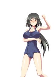 Rule 34 | 1girl, absurdres, angry, armpits, black hair, breast hold, breasts, brown eyes, cleavage, clenched hand, clenched teeth, embarrassed, gluteal fold, highres, infinite stratos, kuroda ariake, large breasts, long hair, looking at viewer, orimura chifuyu, simple background, solo, sweatdrop, teeth, white background