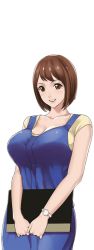 Rule 34 | 1girl, apostle (game), apron, blue apron, book, breasts, brown eyes, brown hair, cleavage, colored skin, huge breasts, kamichichi, kudou mika, shirt, short hair, smile, watch, yellow shirt