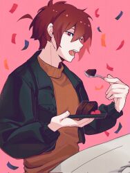 Rule 34 | 1boy, black jacket, brown hair, cake, chocolate cake, confetti, epic battle fantasy, food, hair between eyes, highres, holding, holding food, holding plate, holding spoon, jacket, lance (epic battle fantasy), male focus, nounreverse, open mouth, orange sweater, plate, red eyes, solo, spoon, sweater, turtleneck, turtleneck sweater