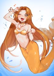Rule 34 | 1girl, ;d, absurdres, arm up, bad id, bad pixiv id, bare shoulders, blush, bracelet, breasts, brown eyes, brown hair, choker, cleavage, cleft of venus, earrings, fang, hand up, highres, jewelry, long hair, looking at viewer, medium breasts, mermaid, mermaid melody pichi pichi pitch, monster girl, musical note, navel, necklace, ohisashiburi, one eye closed, open mouth, parted bangs, pussy, seira (mermaid melody pichi pichi pitch), shell, shell bikini, smile, solo, teeth, tongue, tongue out, uncensored, underwater, uvula, very long hair, yellow eyes