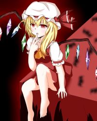 Rule 34 | 1girl, :o, absurdres, ascot, bad id, bad pixiv id, barefoot, blonde hair, finger to mouth, flandre scarlet, hat, hat ribbon, highres, kuro-ra, looking at viewer, mob cap, red eyes, ribbon, short hair, side ponytail, sitting, skirt, touhou, wings