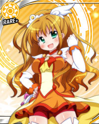 Rule 34 | 1girl, :d, bike shorts, bike shorts under skirt, blush, bow, breasts, brown hair, card (medium), card parody, cinderella girls card parody, clenched hand, cosplay, cure sunny, cure sunny (cosplay), dress, elbow gloves, eyelashes, gloves, green eyes, hair ornament, hand on own hip, hino akane (idolmaster), hip focus, idolmaster, idolmaster cinderella girls, large breasts, long hair, magical girl, name connection, oborotsuki kakeru, open mouth, orange background, orange dress, orange skirt, orange theme, parody, precure, red shorts, shorts, shorts under skirt, skirt, smile, smile precure!, solo, sparkle, sun symbol, thighhighs, white gloves, white thighhighs