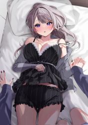 Rule 34 | 2girls, bare shoulders, black bloomers, black nails, black shorts, bloomers, blue eyes, blush, breasts, chigusa minori, cleavage, collarbone, commentary request, corrupted twitter file, cowboy shot, fingernails, from above, grey hair, head on pillow, highres, holding hands, indoors, interlocked fingers, kneeling, lace trim, large breasts, long fingernails, long hair, long sleeves, lying, midriff, multicolored nails, multiple girls, nail polish, off shoulder, on back, on bed, parted lips, pillow, pov, saotome shino (shino to ren), shino to ren, shirayuki ren, shorts, solo focus, spaghetti strap, striped clothes, striped shorts, sweatdrop, swept bangs, thighs, underwear, yuri