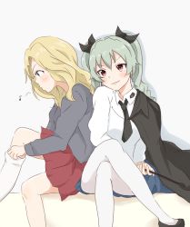 Rule 34 | 10s, 2girls, anchovy (girls und panzer), artist request, bad id, bad twitter id, blonde hair, blue skirt, blush, dressing, girls und panzer, jacket, jacket on shoulders, kay (girls und panzer), crossed legs, mugitea, multiple girls, necktie, pantyhose, profile, red eyes, red skirt, riding crop, sketch, skirt, thighhighs pull, whistling