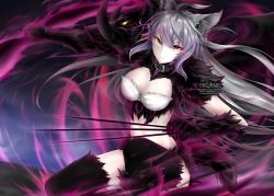 Rule 34 | 1girl, animal ears, atalanta (fate), atalanta alter (fate), belt, black gloves, black thighhighs, breasts, cleavage, elbow gloves, fate/apocrypha, fate (series), floating hair, fox ears, gloves, hair between eyes, long hair, looking at viewer, medium breasts, midriff, rei kun, silver hair, solo, stomach, thighhighs, very long hair, yellow eyes