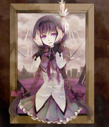 Rule 34 | 10s, 1girl, akemi homura, artist request, black hairband, bow, bowtie, braid, cityscape, clona, commentary request, crying, disembodied limb, framed, frilled skirt, frills, gloves, hair bow, hairband, hands on own head, kaname madoka, long hair, mahou shoujo madoka magica, mahou shoujo madoka magica (anime), picture frame, purple eyes, purple hair, skirt, solo focus, twin braids, white gloves