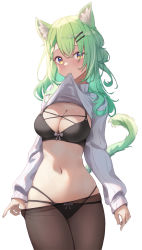 Rule 34 | 1girl, absurdres, animal ears, black bra, black panties, bow, bow bra, bow panties, bra, breasts, cat ears, cat tail, ceres fauna, cleavage, clothes in mouth, clothes lift, contrapposto, cowboy shot, green hair, hair between eyes, hair ornament, hairclip, highres, hololive, hololive english, kemonomimi mode, large breasts, light blush, long hair, long sleeves, looking at viewer, midriff, mouth hold, navel, no pants, panties, panties under pantyhose, pantyhose, ribbed sweater, see-through, shironekokfp, shirt in mouth, shirt lift, simple background, solo, sweater, sweater lift, tail, thighs, underwear, virtual youtuber, white background, white sweater, yellow eyes