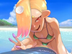 Rule 34 | 1girl, bare shoulders, beach, bikini, blonde hair, blue sky, breasts, cloud, cloudy sky, day, looking at viewer, nintendo, open mouth, outdoors, red eyes, shiver (splatoon), sky, small breasts, smile, solo, splatoon (series), splatoon 3, spread legs, suction cups, swimsuit, tanukichikushin, tentacle hair, twitter username, v