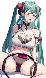 Rule 34 | 1girl, black bra, black collar, black panties, blush, bra, breasts, brown eyes, chinese commentary, cleavage cutout, clothing cutout, collar, crop top, cross, demon girl, demon horns, hair behind ear, halterneck, han (ozrfour), horns, karon (vtuber), karon official, looking to the side, medium breasts, midriff, navel, nijisanji, off shoulder, open mouth, panties, pointy ears, ring fit adventure, sitting, skindentation, solo, sweat, thigh strap, two side up, underwear, virtual youtuber, virtuareal, white background