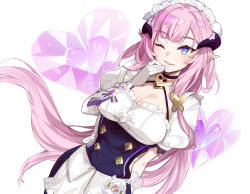 Rule 34 | 1girl, absurdres, apron, black dress, blue eyes, breasts, butterfly hair ornament, cleavage, clothing cutout, commentary, crystal hearts, dress, elysia (honkai impact), elysia (miss pink elf) (honkai impact), english commentary, fake horns, gloves, hair ornament, hand on own chin, heart, heart necklace, highres, honkai (series), honkai impact 3rd, horns, jewelry, large breasts, long hair, looking at viewer, maid, maid apron, maid headdress, necklace, one eye closed, open mouth, pink eyes, side cutout, smile, solo, very long hair, white background, white gloves, yun-yang