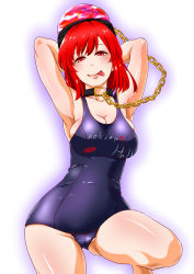Rule 34 | 1girl, armpits, arms behind head, arms up, blush, breasts, bursting breasts, chain, choker, cleavage, clothes writing, covered navel, gluteal fold, hecatia lapislazuli, highres, hip focus, large breasts, licking lips, looking at viewer, one-piece swimsuit, partially visible vulva, raised eyebrows, red eyes, red hair, shiraue yuu, sideboob, simple background, solo, swimsuit, tongue, tongue out, touhou, white background