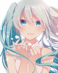 Rule 34 | 1girl, :d, aqua hair, aqua nails, asagao minoru, bare shoulders, blue eyes, breasts, chromatic aberration, hands up, hatsune miku, highres, long hair, looking at viewer, nail polish, open mouth, petals, shirt, simple background, sleeveless, sleeveless shirt, smile, solo, twintails, upper body, vocaloid, white background, white shirt