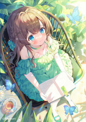 Rule 34 | 1girl, animal, bare shoulders, blue bow, blue eyes, blush, book, bookmark, bow, breasts, brown hair, bug, butterfly, choker, cleavage, closed mouth, collarbone, commentary request, cup, day, dress, frilled dress, frills, from above, green choker, green dress, green footwear, hair between eyes, hair bow, hair ornament, hairclip, highres, holding, holding book, ikari (aor3507), insect, long hair, off-shoulder dress, off shoulder, open book, original, plant, potted plant, saucer, shoes, small breasts, smile, solo, spoon, sunlight, table, tea, teacup, x hair ornament