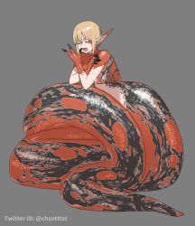 Rule 34 | 1girl, arm rest, blonde hair, body markings, closed eyes, fingernails, full body, grey background, hand on own shoulder, highres, kizuta (barometz), lamia, long pointy ears, monster girl, no nipples, nude, open mouth, original, pointy ears, red scales, scales, sharp fingernails, short hair, sidelocks, simple background, solo, twitter username, yawning