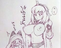 Rule 34 | 1girl, ^^^, blush, breasts, commentary request, fingerless gloves, fur-trimmed jacket, fur trim, gloves, highres, horns, jacket, kirin (armor), large breasts, looking at another, monochrome, monster hunter (character), monster hunter (series), navel, nipples, panties, single horn, speech bubble, traditional media, tsukareta san, underwear