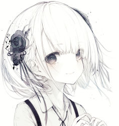Rule 34 | 1girl, absurdres, black choker, black flower, black rose, blush, choker, closed mouth, collar, collared shirt, eyes visible through hair, fingers together, flower, grey eyes, hair between eyes, hair flower, hair ornament, hair over one eye, highres, hito komoru, index fingers together, looking at viewer, original, portrait, rose, shirt, short hair, simple background, smile, solo, suspenders, white background, white hair, white shirt