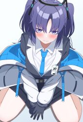 Rule 34 | 1girl, absurdres, black gloves, black halo, black skirt, blazer, blue archive, blue background, blue eyes, blue necktie, blush, closed mouth, collared shirt, commentary, from above, gloves, halo, highres, jacket, long sleeves, looking at viewer, masaruokayama, necktie, purple hair, shirt, simple background, sitting, skirt, solo, thighs, wariza, white jacket, white shirt, yuuka (blue archive)