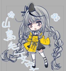 Rule 34 | 1girl, braid, character name, chibi, commentary request, detached sleeves, grey eyes, grey hair, grey skirt, hat, japanese clothes, kariginu, long hair, multicolored hair, open mouth, platform footwear, sennamatoo, skirt, sleeves past fingers, sleeves past wrists, solo, streaked hair, striped clothes, striped thighhighs, tate eboshi, tenka hyakken, thighhighs, twin braids, wide sleeves, yamatorige ichimonji