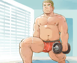 Rule 34 | 1boy, bara, belly, blonde hair, blush, boxer briefs, bulge, exercising, fat, fat man, feet out of frame, large pectorals, male focus, male underwear, muscular, muscular male, navel, navel hair, nipples, original, pectorals, red male underwear, short hair, solo, stomach, suv (suv032), sweat, thick eyebrows, thick thighs, thighs, underwear, underwear only, weightlifting