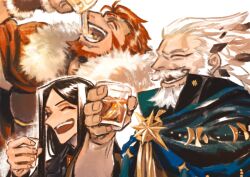 Rule 34 | absurdres, alcohol, bara, beer, black hair, cape, closed eyes, cup, drink, drinking, fate/grand order, fate (series), highres, holding, holding cup, holding drink, iskandar (fate), laughing, lu sheng (qdc7d5a22frtytw), old, old man, open mouth, ptolemy (fate), red hair, waver velvet, white background, white hair