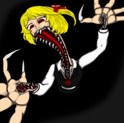 Rule 34 | 1girl, black background, blonde hair, claws, creepy, extra mouth, hair ribbon, horror (theme), lowres, open mouth, ribbon, rumia, sharp teeth, simple background, solo, teeth, touhou