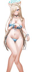 Rule 34 | 1girl, absurdres, alternate costume, animal ear fluff, animal ears, asuna (blue archive), bare shoulders, bikini, black choker, blue archive, blue bikini, blue eyes, blush, breasts, cat ears, cat girl, choker, front-tie bikini top, front-tie top, grin, hair over one eye, halo, highres, large breasts, light brown hair, long hair, looking at viewer, mole, mole on breast, navel, side-tie bikini bottom, siru, smile, solo, stomach, swimsuit, thighs, white background