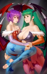 Rule 34 | 2girls, animal print, bare shoulders, bat print, black leotard, blue pantyhose, blunt bangs, blush, breasts, bridal gauntlets, cameltoe, capcom, cleft of venus, closed mouth, commentary, cowboy shot, demon wings, feet, green eyes, green hair, hand grab, hand on another&#039;s thigh, hand up, head wings, highres, incest, kairunoburogu, leg hold, leotard, lilith aensland, looking at another, low wings, morrigan aensland, multiple girls, pantyhose, parted lips, print legwear, print pantyhose, purple hair, red eyes, red legwear, red leotard, small breasts, standing, standing on one leg, stirrup legwear, strapless, strapless leotard, toeless legwear, vampire (game), wings