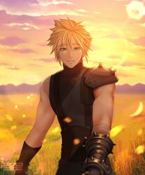 Rule 34 | 1boy, absurdres, armor, azezazel, bandaged arm, bandages, black gloves, blonde hair, blue eyes, cloud, cloud strife, cloudy sky, commentary, earrings, english commentary, final fantasy, final fantasy vii, final fantasy vii remake, gloves, grass, highres, jewelry, looking at viewer, male focus, mountainous horizon, outdoors, parted lips, short hair, shoulder armor, signature, single bare shoulder, sky, sleeveless, sleeveless turtleneck, solo, spiked hair, stud earrings, sunlight, sunset, suspenders, sweater, turtleneck, turtleneck sweater, twitter username, upper body