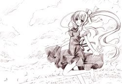 Rule 34 | 00s, 1girl, :d, air (visual novel), barefoot, feet, greyscale, highres, kamio misuzu, long hair, monochrome, open mouth, outstretched arms, ponytail, ringo sui, school uniform, smile, solo, spread arms, very long hair