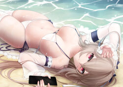 Rule 34 | anchorage (azur lane), anchorage (dolphins and swim lessons) (azur lane), azur lane, beach, bikini, black bow, bow, breasts, cellphone, collarbone, commentary, detached sleeves, english commentary, hair bow, holding, holding phone, large breasts, light brown hair, long hair, lying, mixed-language commentary, navel, on back, phone, pink eyes, rika ryne, see-through, see-through sleeves, shore, side-tie bikini bottom, signature, sleeves past wrists, smartphone, sparkle, swimsuit, thighhighs, two-tone bow, water, wet, wet hair, white bow, white thighhighs