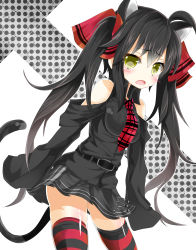 Rule 34 | 1girl, ahoge, animal ears, bare shoulders, belt, black hair, blush, breasts, cat ears, cat girl, cat tail, fang, female focus, hair ribbon, kakao (chocolate land), long hair, long sleeves, necktie, open mouth, original, ribbon, skirt, sleeves past wrists, solo, striped clothes, striped thighhighs, tail, thighhighs, twintails, white background, yellow eyes, zettai ryouiki