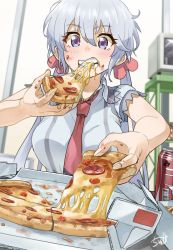 Rule 34 | 10s, 1girl, blush, can, cardboard, drink can, eating, food, food on face, foreshortening, hair ornament, hair scrunchie, holding, holding food, indoors, long hair, necktie, pizza, purple eyes, red necktie, scrunchie, senki zesshou symphogear, short sleeves, signature, silver hair, soda can, solo, teeth, twintails, tyuga, yukine chris