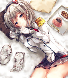 Rule 34 | 10s, 1girl, animal, bad id, bad pixiv id, beret, blue eyes, blush, breasts, cat, commentary request, cookie, epaulettes, female focus, food, gloves, hat, highres, kantai collection, kashima (kancolle), kitten, large breasts, long hair, looking at viewer, lying, military, military uniform, miniskirt, on side, pleated skirt, saijou yukina, silver hair, skirt, smile, solo, tea, tsurime, twintails, uniform, wavy hair, white gloves