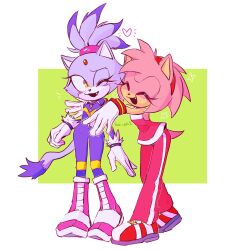 Rule 34 | 2girls, amy rose, animal ears, blaze the cat, blush, cat ears, cat girl, cat tail, closed eyes, eyelashes, fang, fur-trimmed gloves, fur trim, furry, furry female, gloves, hairband, heart, highres, jumpsuit, kai sh1, multiple girls, one eye closed, pants, pink footwear, pink fur, pink pants, purple fur, purple jumpsuit, sonic (series), sonic riders, sportswear, tail, topknot, white gloves