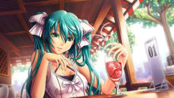 Rule 34 | 1girl, aqua eyes, aqua hair, bad id, bad pixiv id, bow, breasts, cleavage, crazy straw, drink, drinking straw, glass, hair bow, hair ribbon, hatsune miku, heart straw, long hair, looking at viewer, medium breasts, pinakes, pinax, pov, pov across table, restaurant, ribbon, sitting, smile, solo, twintails, vocaloid, world is mine (vocaloid)