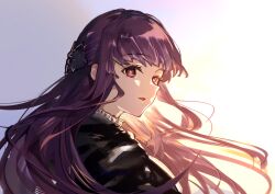 Rule 34 | 1girl, absurdres, backlighting, commentary request, fern (sousou no frieren), floating hair, from behind, hair ornament, highres, long hair, looking at viewer, looking back, open mouth, poireau 13, purple eyes, purple hair, solo, sousou no frieren, sunlight, upper body