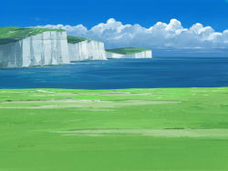 Rule 34 | blue sky, cliff, cloud, day, grass, nature, no humans, ocean, original, outdoors, scenery, seo tatsuya, sky, water