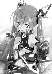 Rule 34 | 1girl, flat chest, from above, gloves, greyscale, highres, indoors, kasuga ayumu (haruhipo), kneeling, leotard, long hair, mitsuka souji, monochrome, novel illustration, official art, ore twintail ni narimasu, solo, tailred, twintails, very long hair, wooden floor